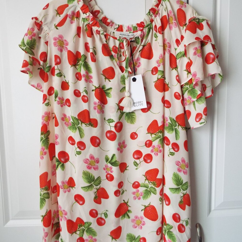Rose + Olive Top Womens 2x Strawberry Cherries Floral Peasant Cottage Core NWT